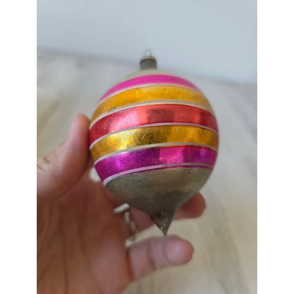 Vintage Japan teardrop rainbow AS IS striped gold pink ornament Xmas tree